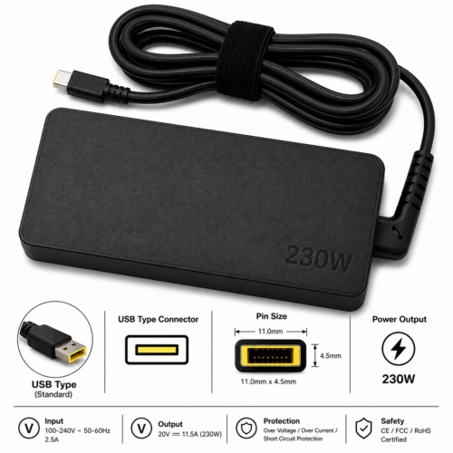 Lenovo 230W Laptop Power Adapter 20V 11.5A USB Type with Power Cable