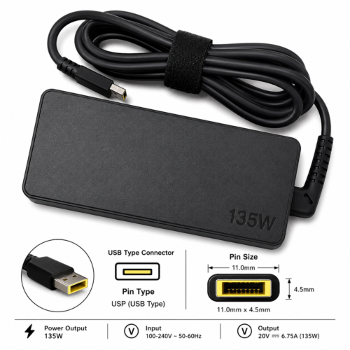 Lenovo 135W Laptop Power Adapter 20V 6.75A USB Type with Power Cable