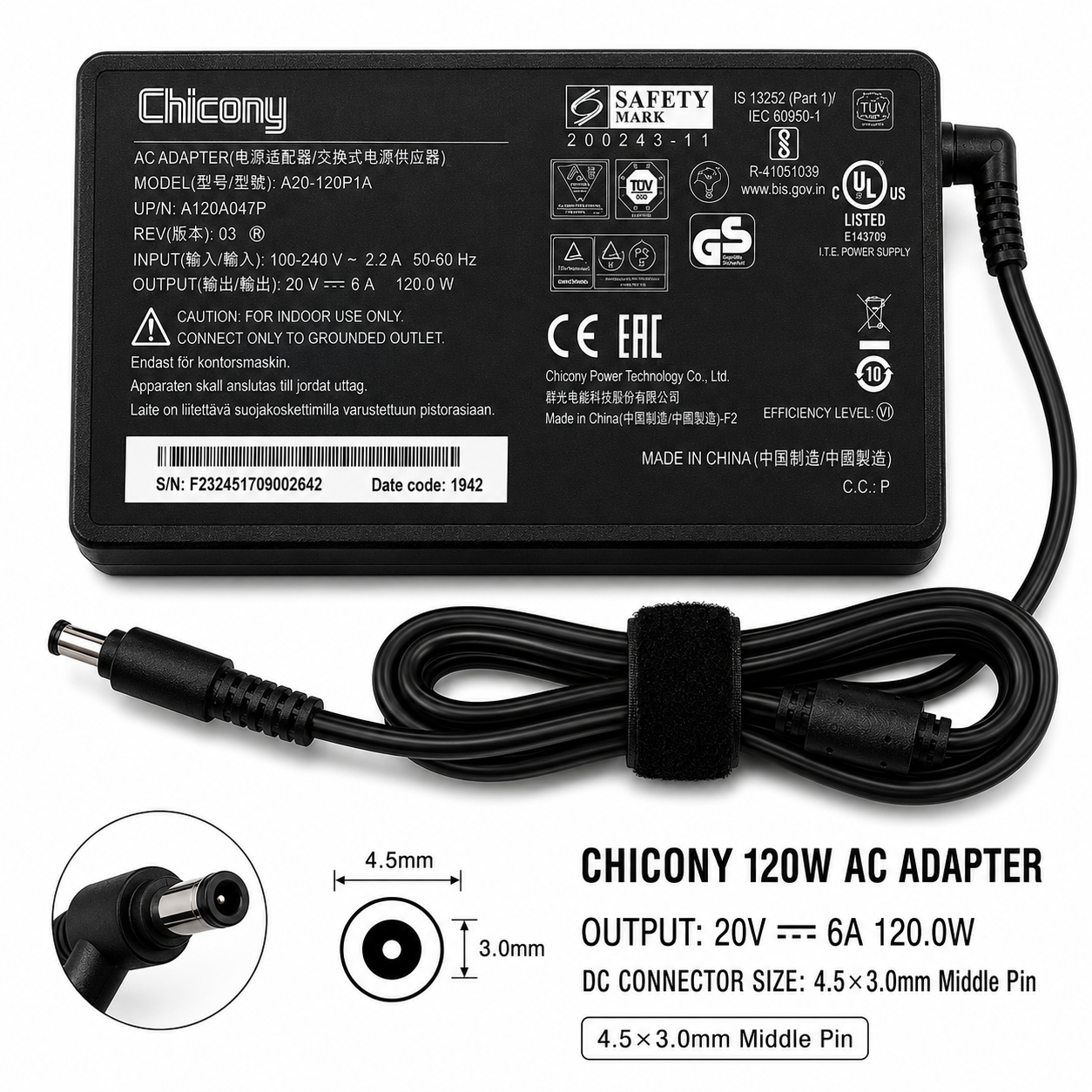 Chicony 180W Laptop Power Adapter 20V 9A 4.5×3.0mm Middle Pin