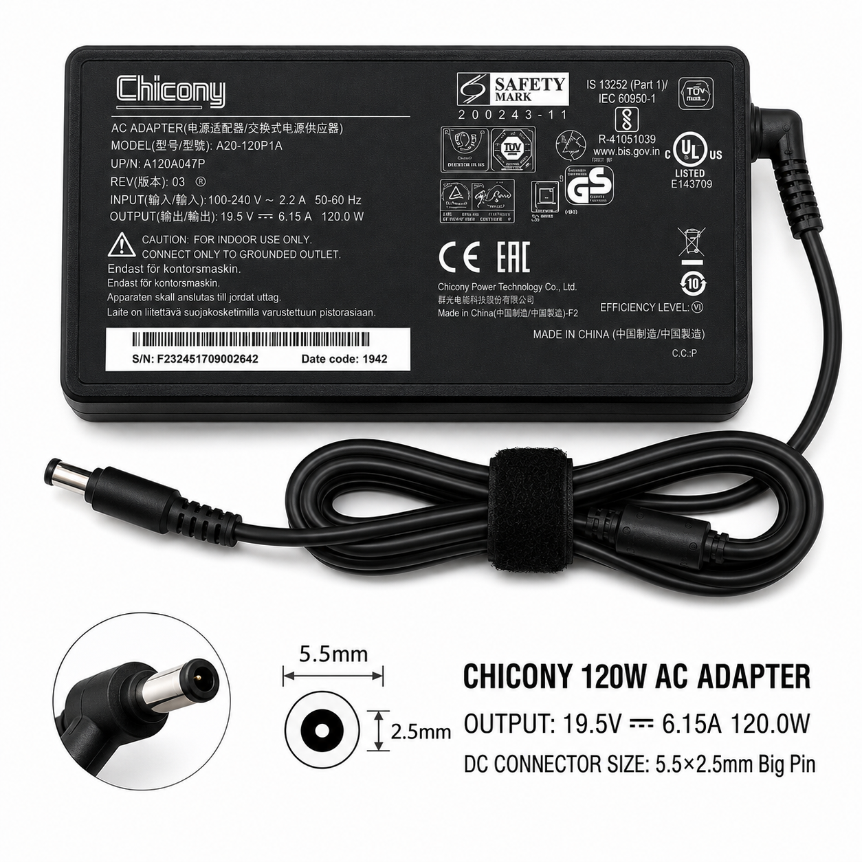 Chicony 120W Laptop Power Adapter 19.5V 6.15A 5.5×2.5mm Big Pin