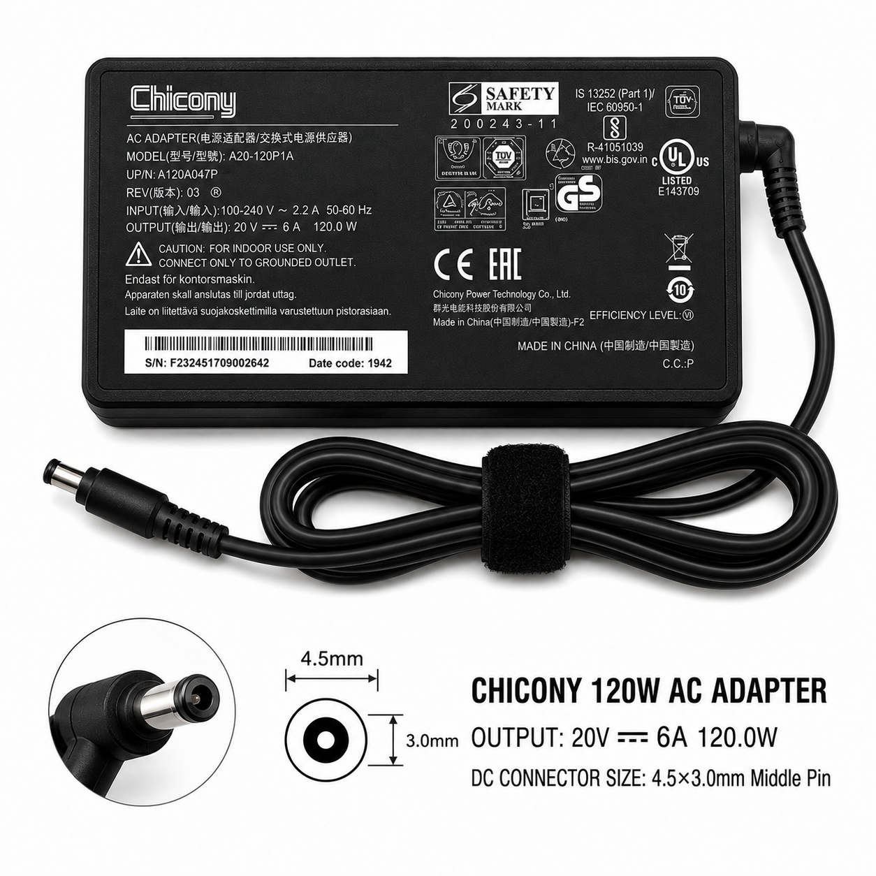 Chicony 120W Laptop Charger 20V 6A | 4.5×3.0mm Middle Pin - Image 2