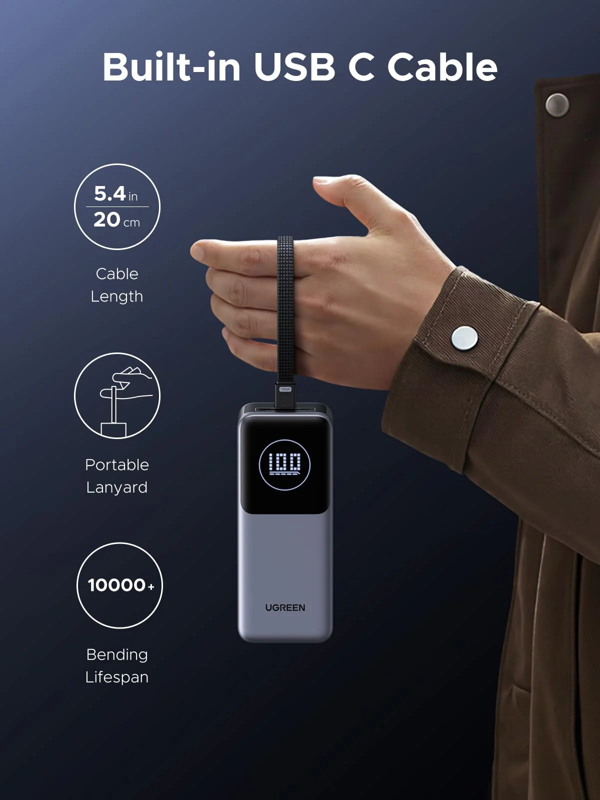UGREEN 130W Power Bank PB723 | Built-in Cable & Display - Image 2