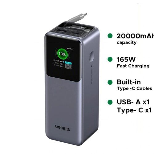 UGREEN 165W Power Bank PB726 | Retractable Cable & Display