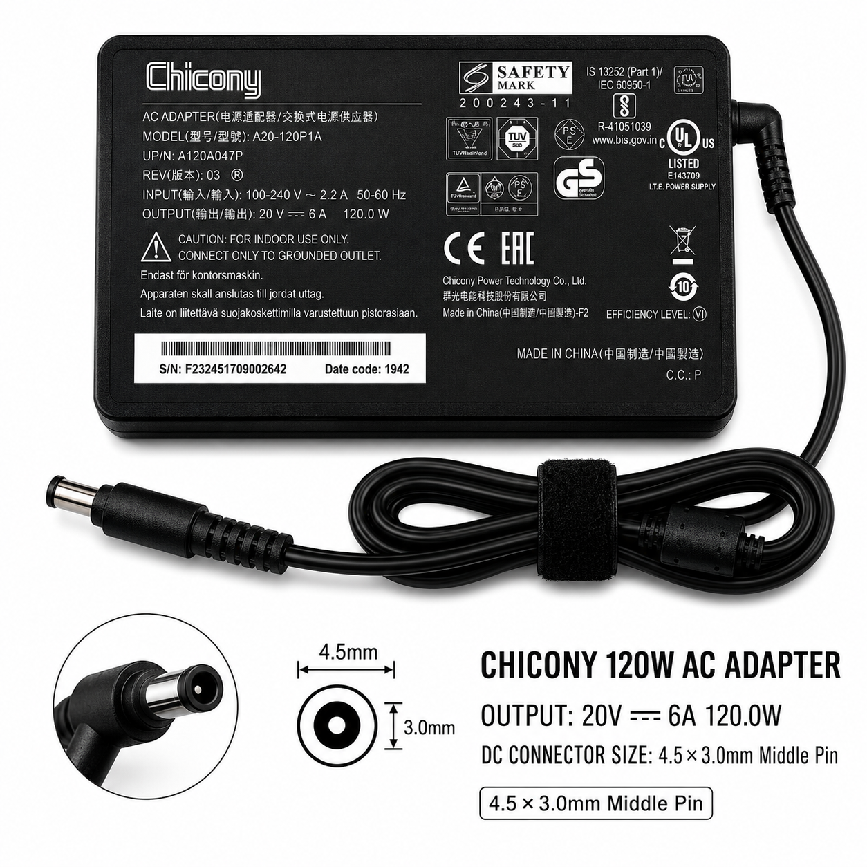 Chicony 180W Laptop Power Adapter 20V 9A 5.5×2.5mm Big Pin with Power Cable