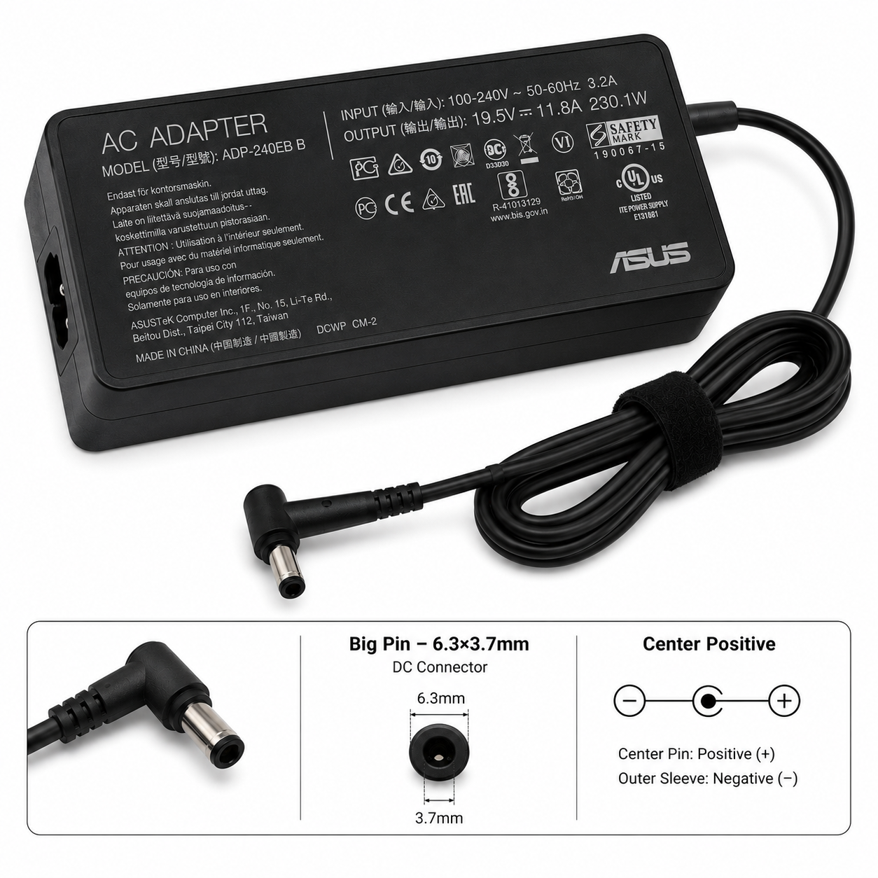 ASUS 240W Laptop Power Adapter 20V 14A 6.3×3.7mm with Power Cable