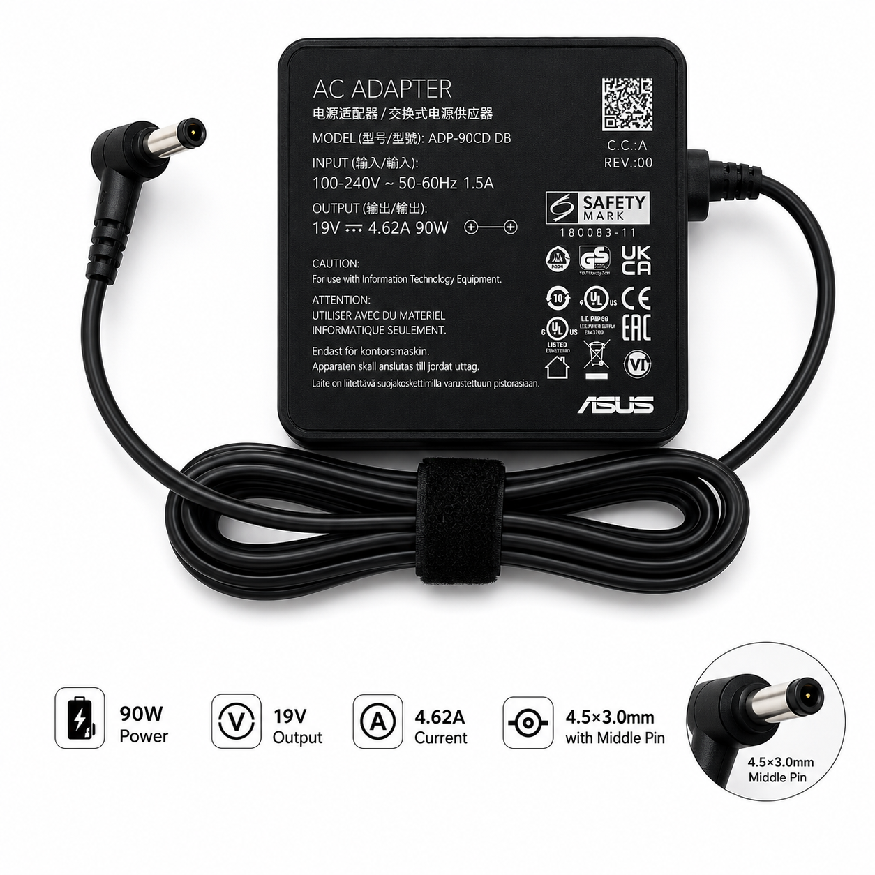 ASUS 90W Laptop Power Adapter 19V 4.62A 4.5×3.0mm Middle Pin
