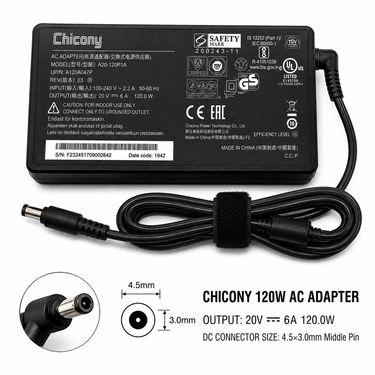 Chicony 135W Laptop Power Adapter 20V 6.92A 5.5×2.5mm Big Pin with Power Cable