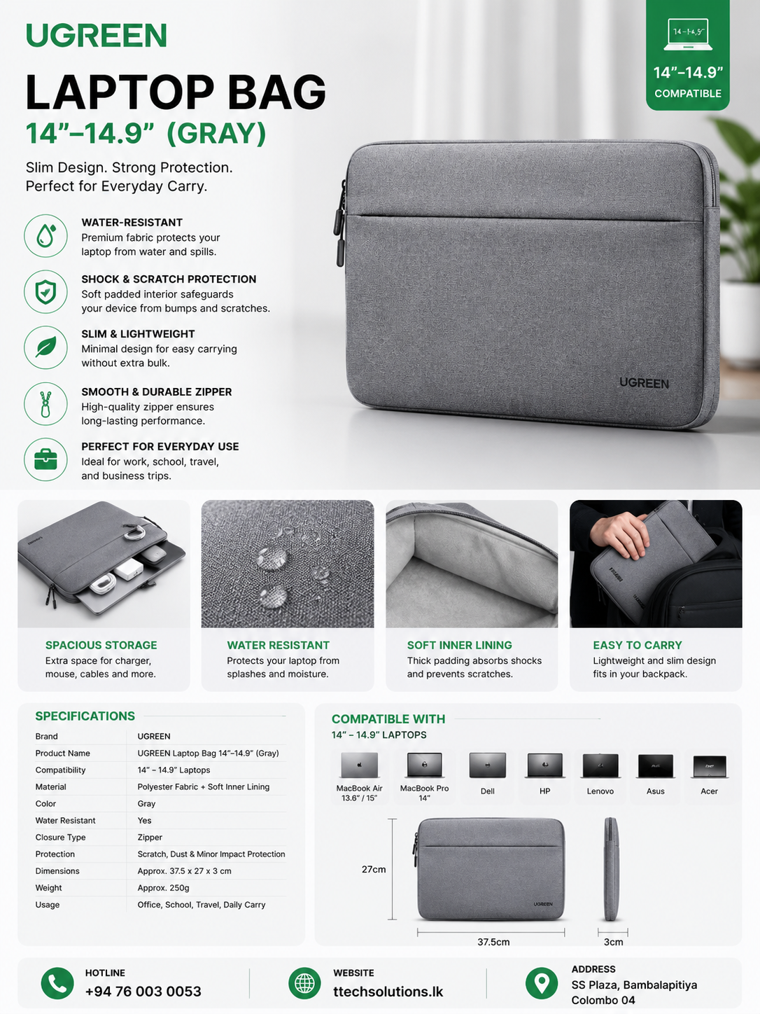 UGREEN Laptop Bag 14"–14.9" (Gray) - Image 3